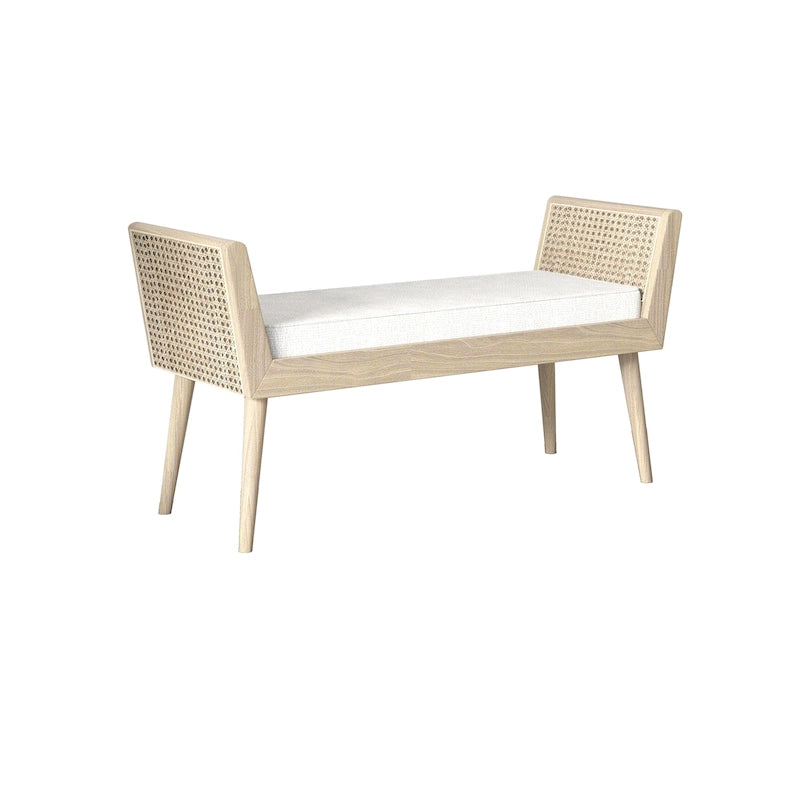 Aderyn Mid-Century Padded Bench with Raised Rattan Arms