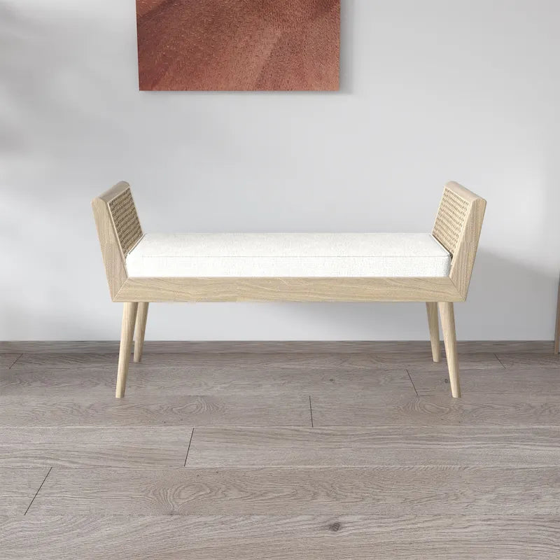 Aderyn Mid-Century Padded Bench with Raised Rattan Arms