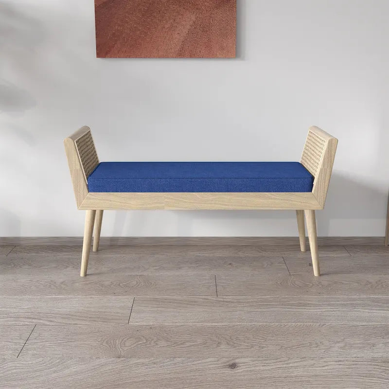 Aderyn Mid-Century Padded Bench with Raised Rattan Arms
