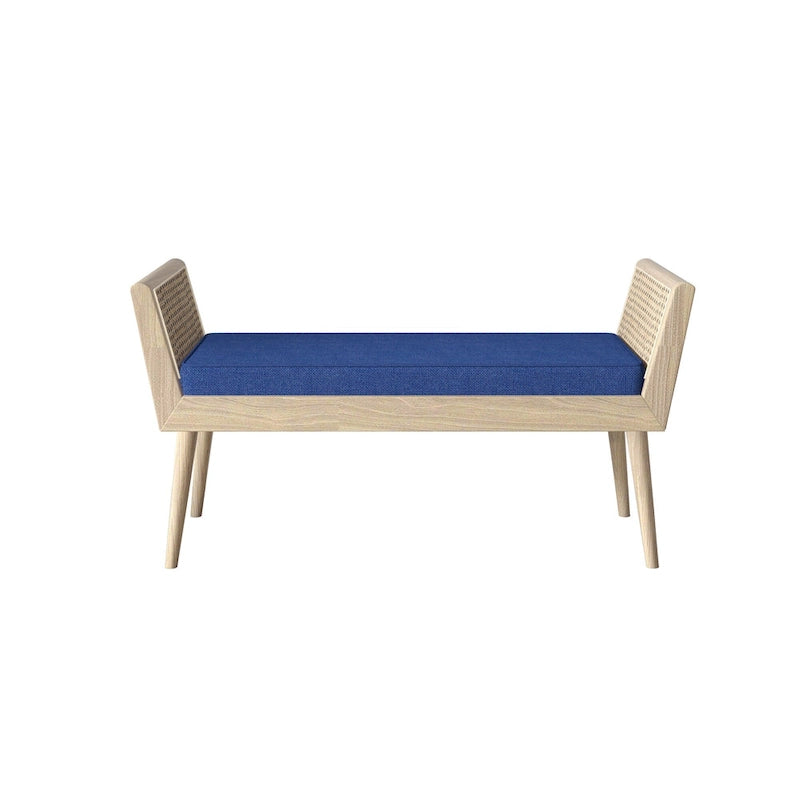 Aderyn Mid-Century Padded Bench with Raised Rattan Arms