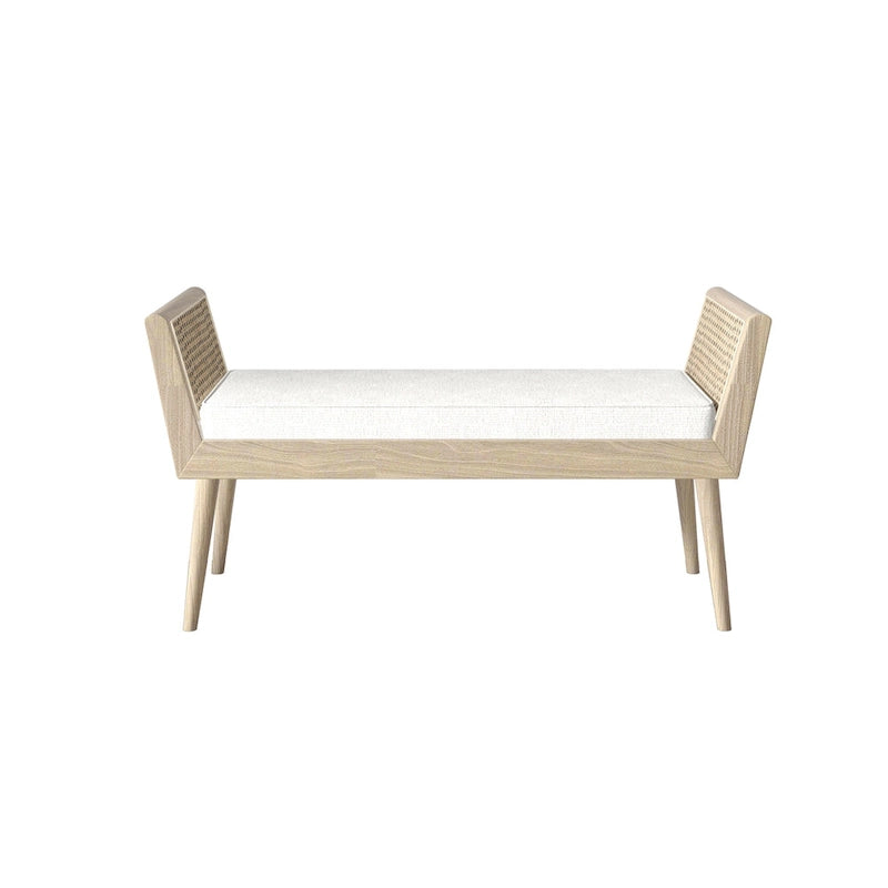 Aderyn Mid-Century Padded Bench with Raised Rattan Arms