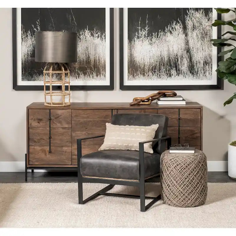 Stamford Black Genuine Leather w/ Light Brown Solid Wood Back & Black Iron Frame Accent Chair