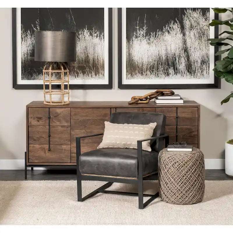 Stamford Black Genuine Leather w/ Light Brown Solid Wood Back & Black Iron Frame Accent Chair