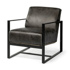 Stamford Black Genuine Leather w/ Light Brown Solid Wood Back & Black Iron Frame Accent Chair