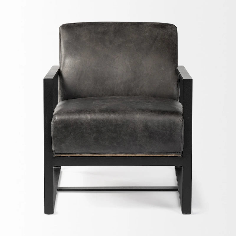 Stamford Black Genuine Leather w/ Light Brown Solid Wood Back & Black Iron Frame Accent Chair