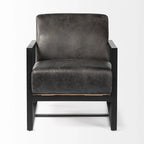 Stamford Black Genuine Leather w/ Light Brown Solid Wood Back & Black Iron Frame Accent Chair