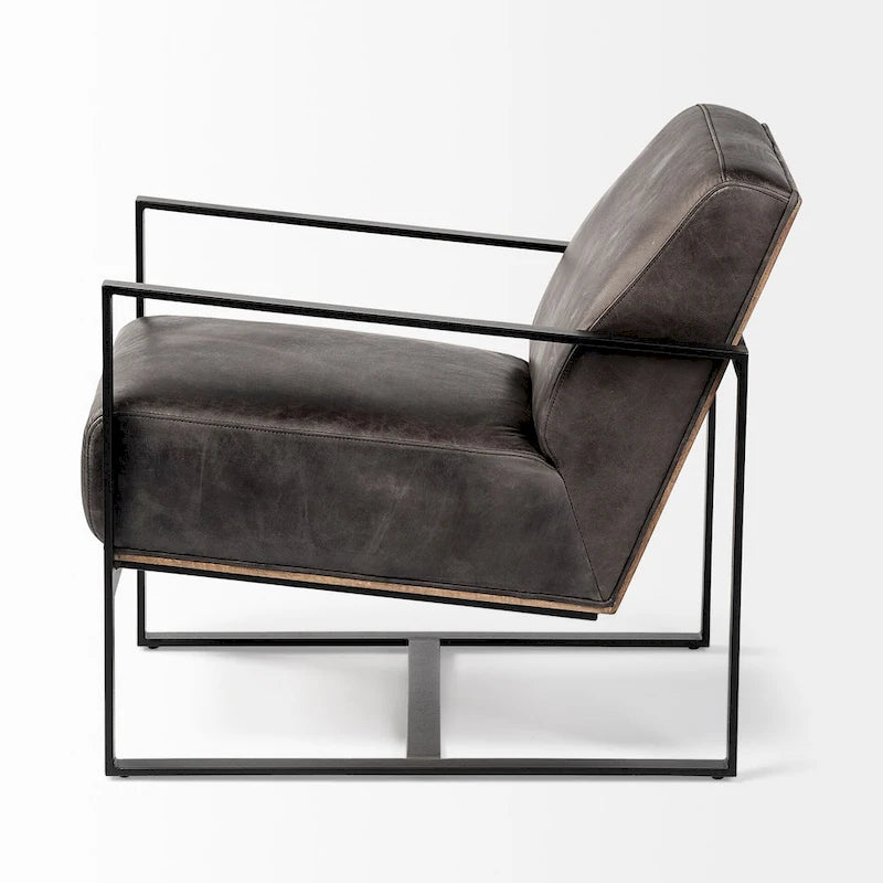 Stamford Black Genuine Leather w/ Light Brown Solid Wood Back & Black Iron Frame Accent Chair