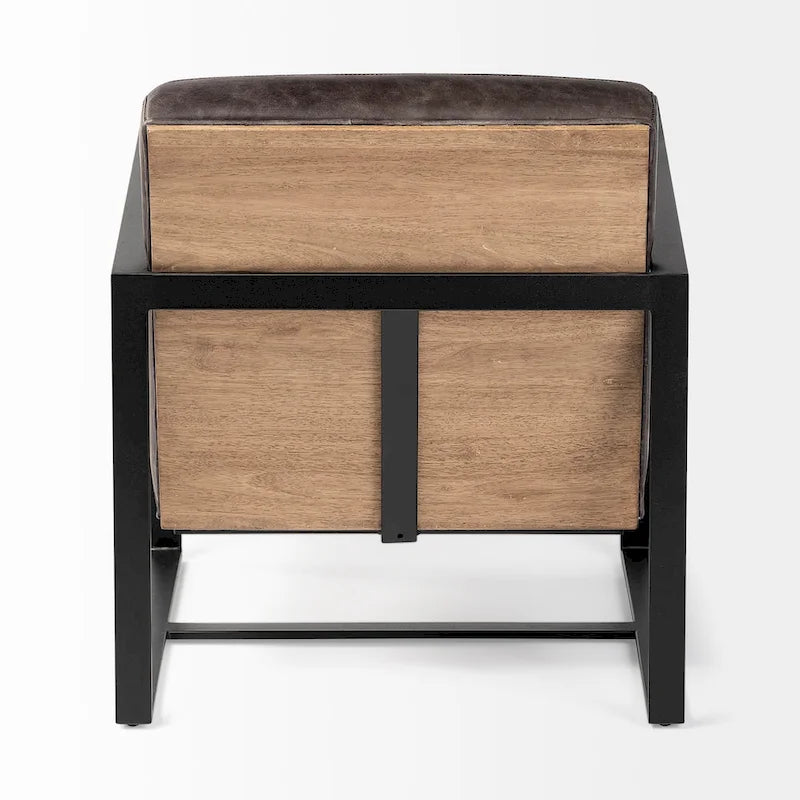 Stamford Black Genuine Leather w/ Light Brown Solid Wood Back & Black Iron Frame Accent Chair