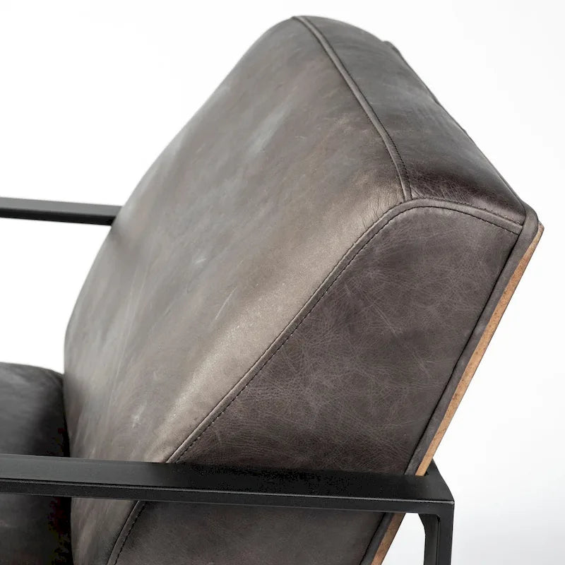 Stamford Black Genuine Leather w/ Light Brown Solid Wood Back & Black Iron Frame Accent Chair