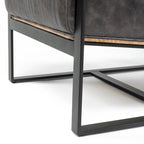 Stamford Black Genuine Leather w/ Light Brown Solid Wood Back & Black Iron Frame Accent Chair