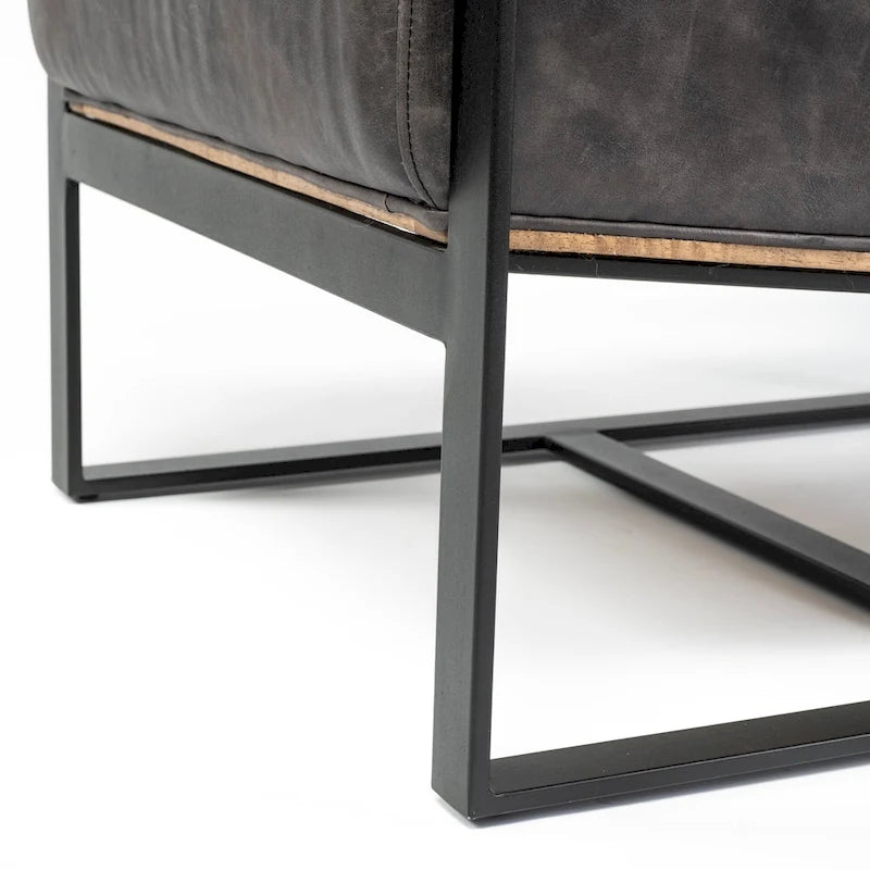Stamford Black Genuine Leather w/ Light Brown Solid Wood Back & Black Iron Frame Accent Chair