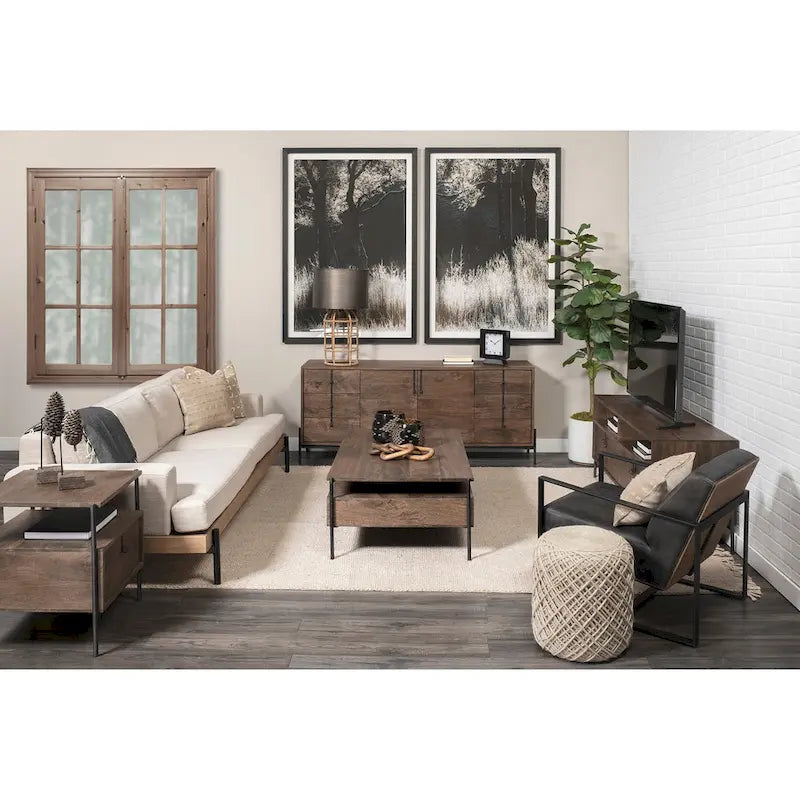 Stamford Black Genuine Leather w/ Light Brown Solid Wood Back & Black Iron Frame Accent Chair