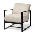 Stamford Black Genuine Leather w/ Light Brown Solid Wood Back & Black Iron Frame Accent Chair
