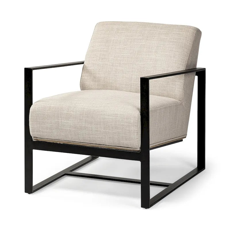 Stamford Black Genuine Leather w/ Light Brown Solid Wood Back & Black Iron Frame Accent Chair