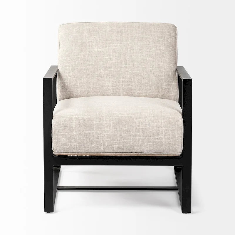 Stamford Black Genuine Leather w/ Light Brown Solid Wood Back & Black Iron Frame Accent Chair