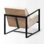 Stamford Black Genuine Leather w/ Light Brown Solid Wood Back & Black Iron Frame Accent Chair
