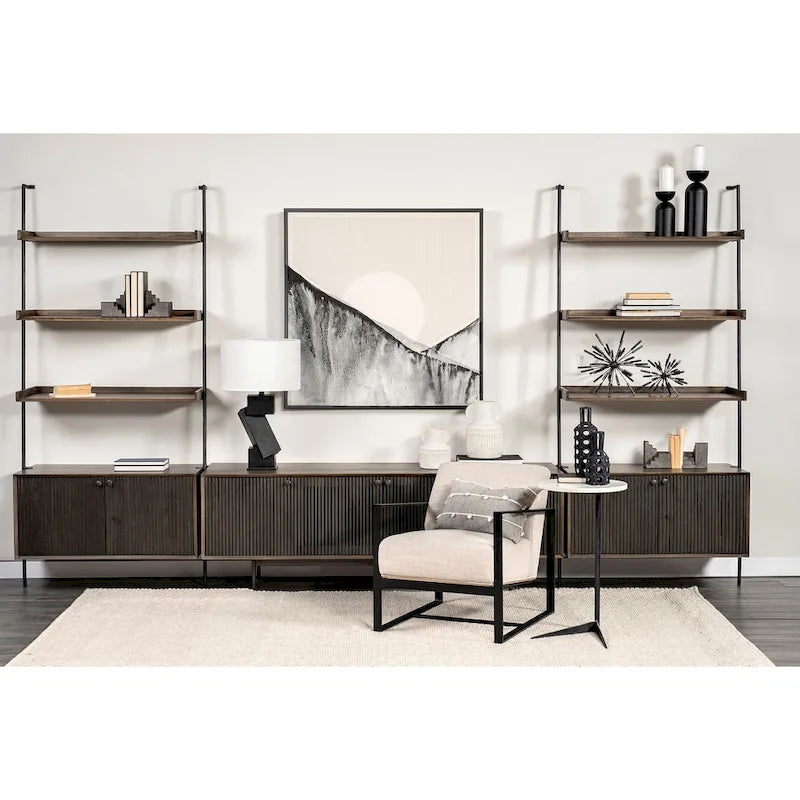 Stamford Black Genuine Leather w/ Light Brown Solid Wood Back & Black Iron Frame Accent Chair