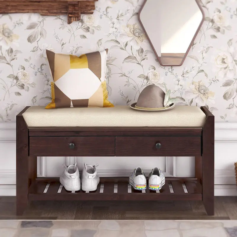 43  Entryway Storage Bench Shoe Rack with Cushioned Seat and Drawers