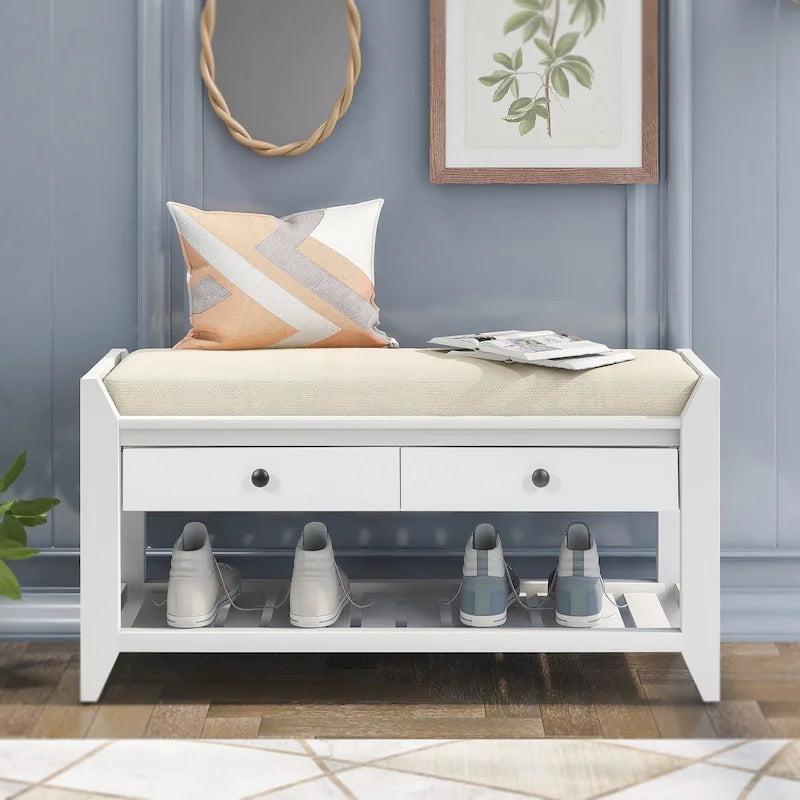 43  Entryway Storage Bench Shoe Rack with Cushioned Seat and Drawers