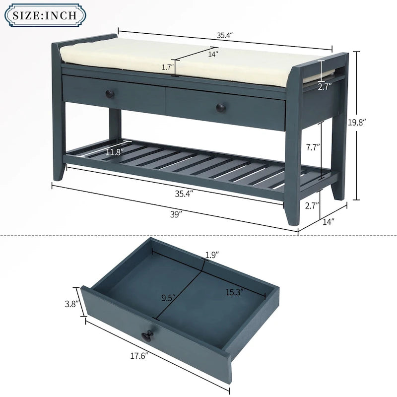 43  Entryway Storage Bench Shoe Rack with Cushioned Seat and Drawers