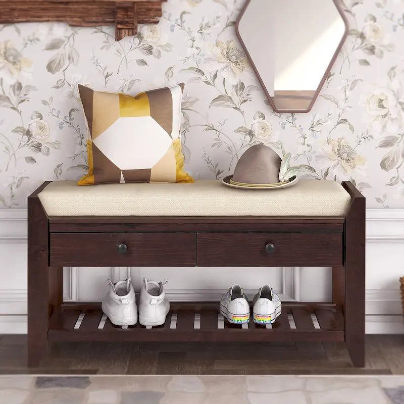 43  Entryway Storage Bench Shoe Rack with Cushioned Seat and Drawers