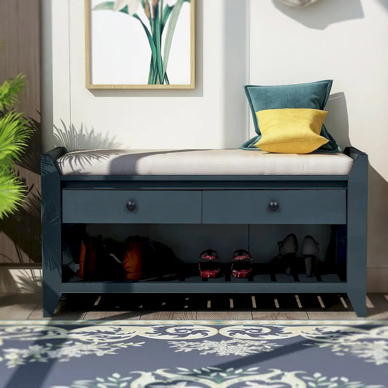 43  Entryway Storage Bench Shoe Rack with Cushioned Seat and Drawers