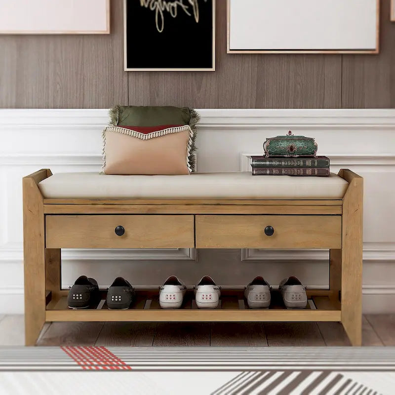 43  Entryway Storage Bench Shoe Rack with Cushioned Seat and Drawers