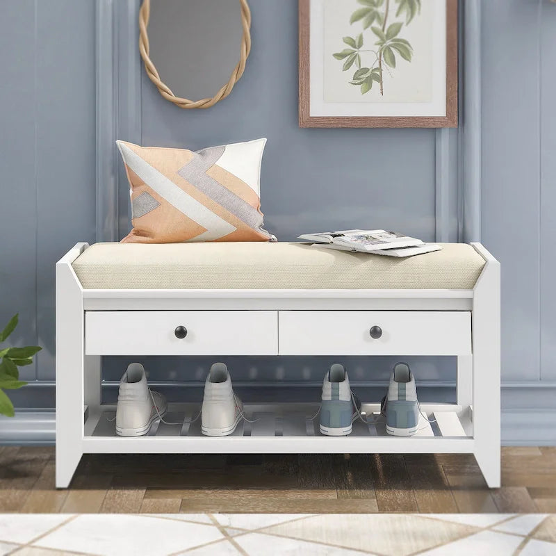 43  Entryway Storage Bench Shoe Rack with Cushioned Seat and Drawers