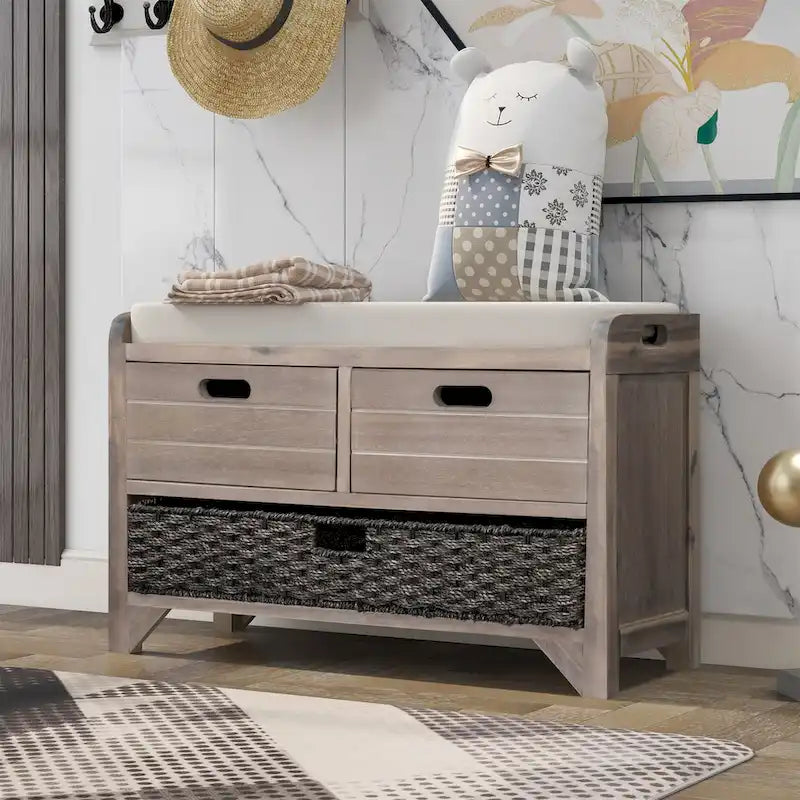 Storage Bench with Removable Basket and 2 Drawers, Removable Cushion