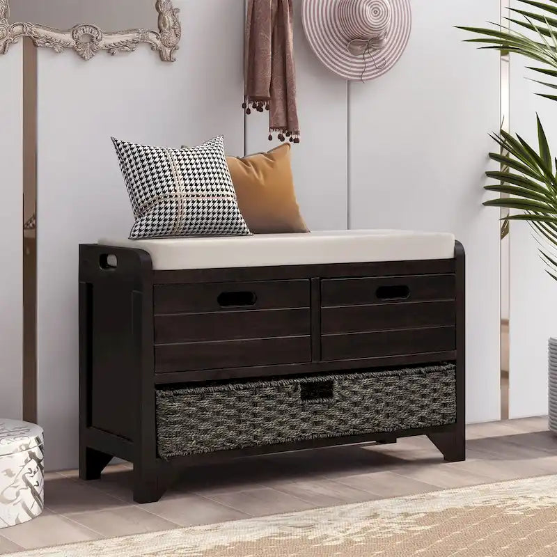 Storage Bench with Removable Basket and 2 Drawers, Removable Cushion