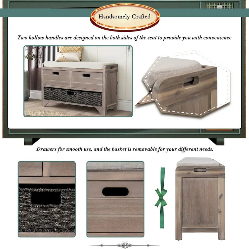 Storage Bench with Removable Basket and 2 Drawers, Removable Cushion