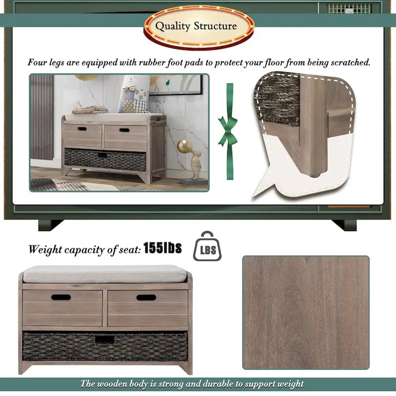 Storage Bench with Removable Basket and 2 Drawers, Removable Cushion