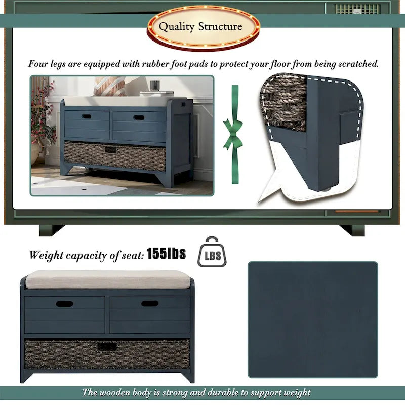 Storage Bench with Removable Basket and 2 Drawers, Removable Cushion