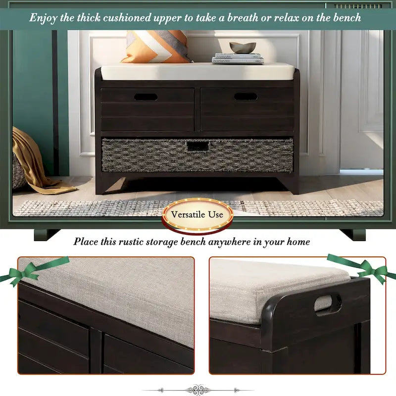 Storage Bench with Removable Basket and 2 Drawers, Removable Cushion