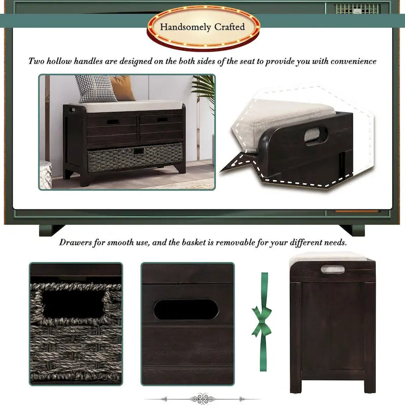Storage Bench with Removable Basket and 2 Drawers, Removable Cushion