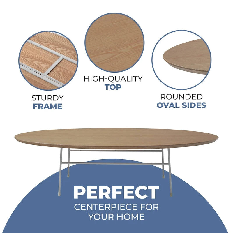Rossmore Modern Oval Accent Coffee Table with White Powder Coated Steel Frame for Home Office Living Room Bedroom