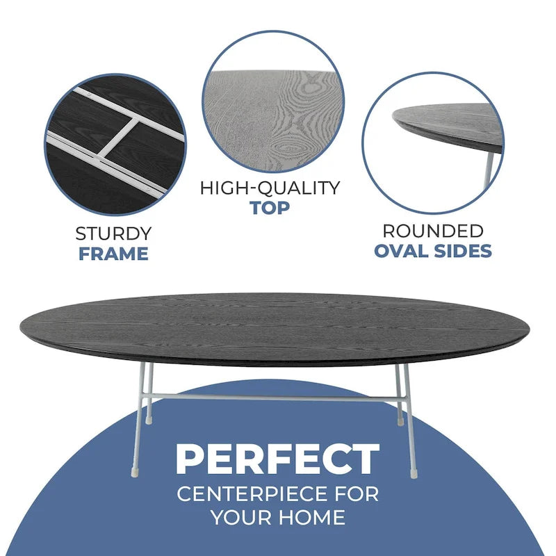 Rossmore Modern Oval Accent Coffee Table with White Powder Coated Steel Frame for Home Office Living Room Bedroom