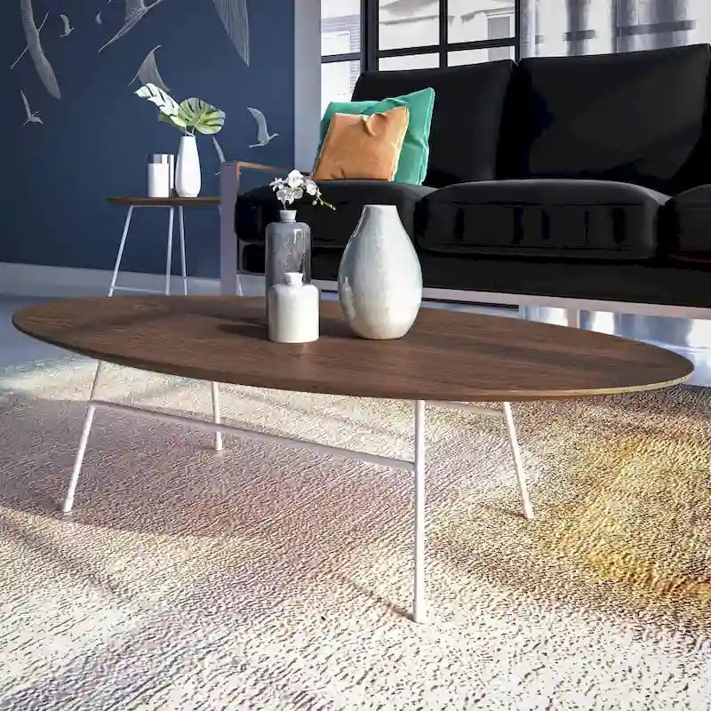 Rossmore Modern Oval Accent Coffee Table with White Powder Coated Steel Frame for Home Office Living Room Bedroom