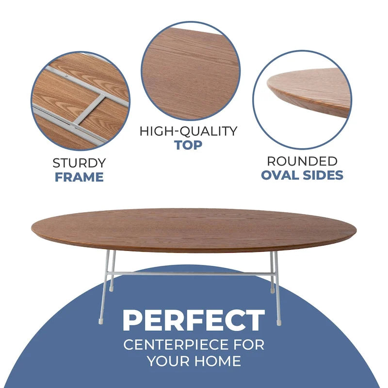 Rossmore Modern Oval Accent Coffee Table with White Powder Coated Steel Frame for Home Office Living Room Bedroom