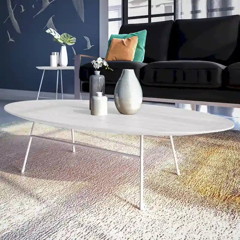 Rossmore Modern Oval Accent Coffee Table with White Powder Coated Steel Frame for Home Office Living Room Bedroom