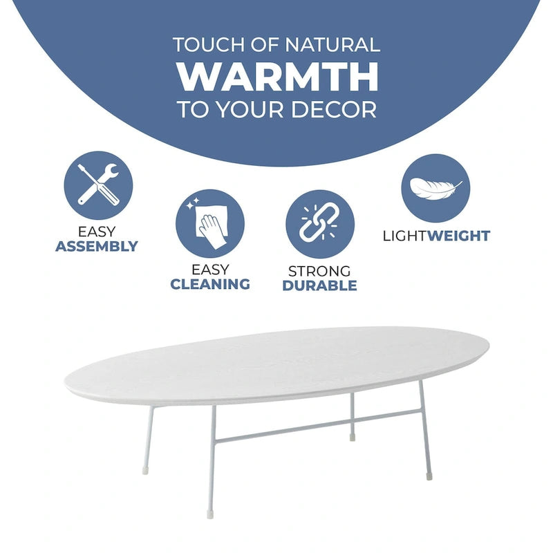 Rossmore Modern Oval Accent Coffee Table with White Powder Coated Steel Frame for Home Office Living Room Bedroom