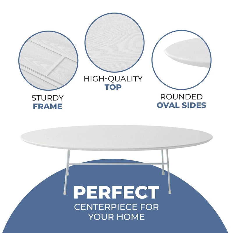 Rossmore Modern Oval Accent Coffee Table with White Powder Coated Steel Frame for Home Office Living Room Bedroom