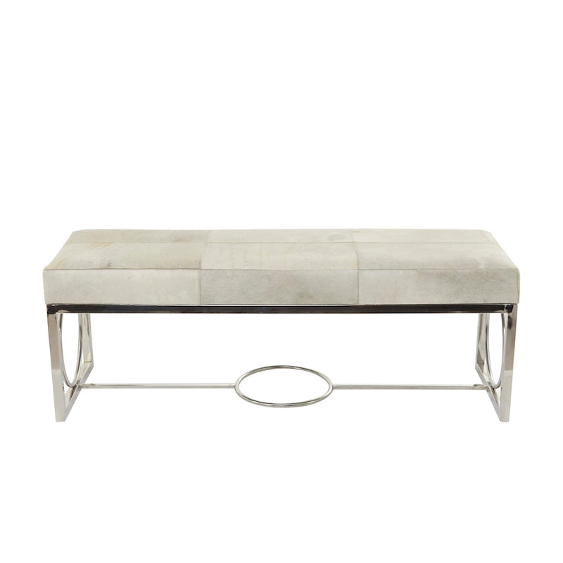 Leather Handmade Cowhide Bench with Geometric Cutout Silver Base - Beige - Roche River Decor - 18 W x 48 L x 17 H