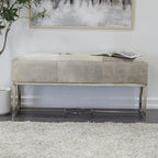 Leather Handmade Cowhide Bench with Geometric Cutout Silver Base - Beige - Roche River Decor - 18 W x 48 L x 17 H