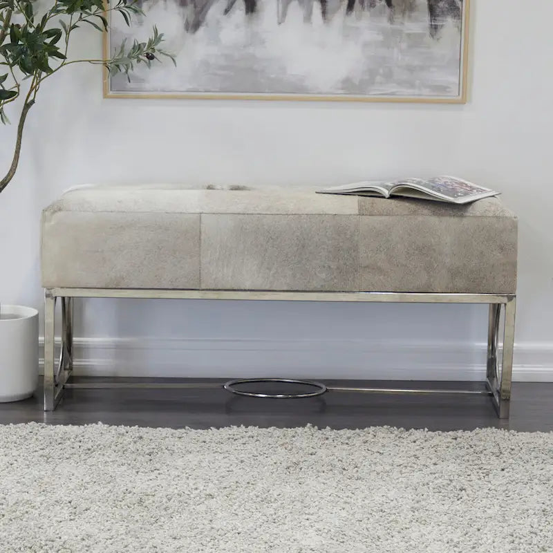 Leather Handmade Cowhide Bench with Geometric Cutout Silver Base - Beige - Roche River Decor - 18 W x 48 L x 17 H