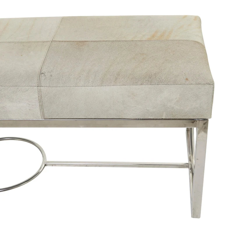 Leather Handmade Cowhide Bench with Geometric Cutout Silver Base - Beige - Roche River Decor - 18 W x 48 L x 17 H