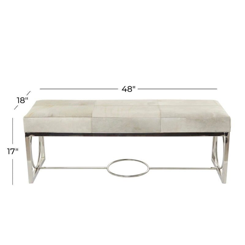 Leather Handmade Cowhide Bench with Geometric Cutout Silver Base - Beige - Roche River Decor - 18 W x 48 L x 17 H