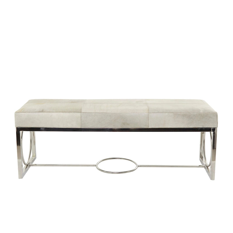 Leather Handmade Cowhide Bench with Geometric Cutout Silver Base - Beige - Roche River Decor - 18 W x 48 L x 17 H