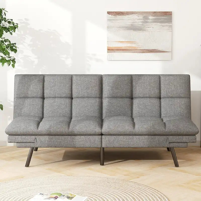 Memory Foam Futon Couch Bed Faux Leather Convertible Sofa with Adjustable Splitback Armrests for Compact Living Space, Grey