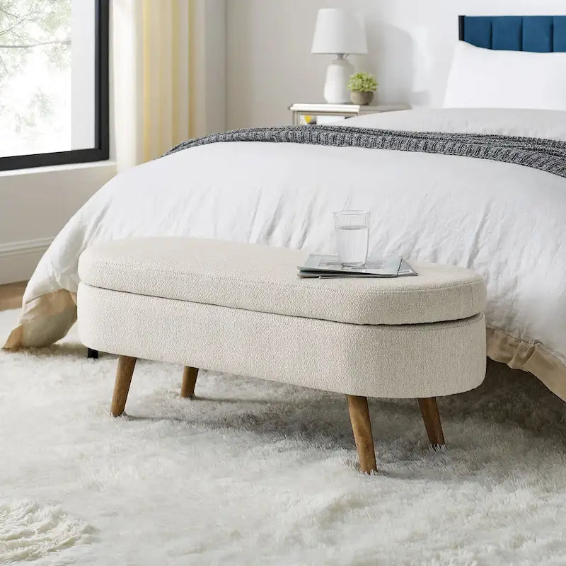 Storage Bench Modern Linen Fabric Ottoman Footstool with Solid Wood Legs Oval Storage Entry Bench Seat for Living Room Bedroom